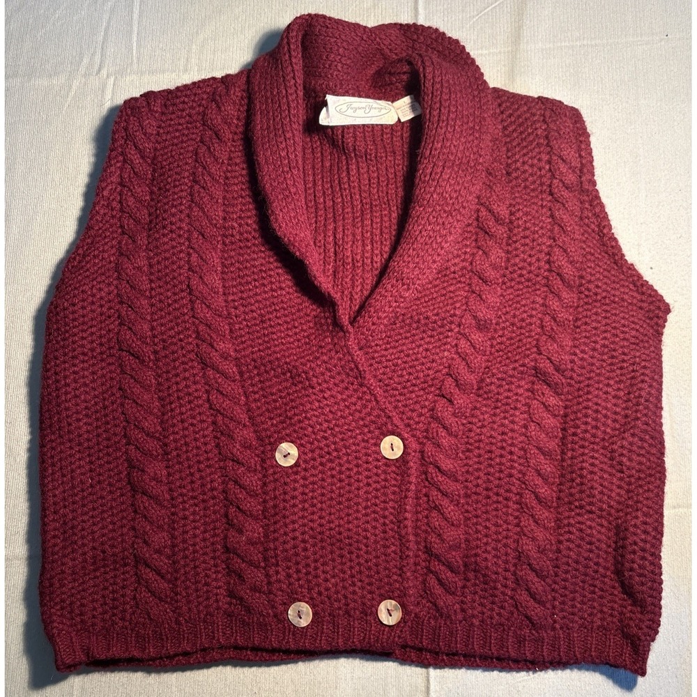 Jayson Younger Burgundy Shetland Wool Cable Knit Sweater Vest Shawl Collar L